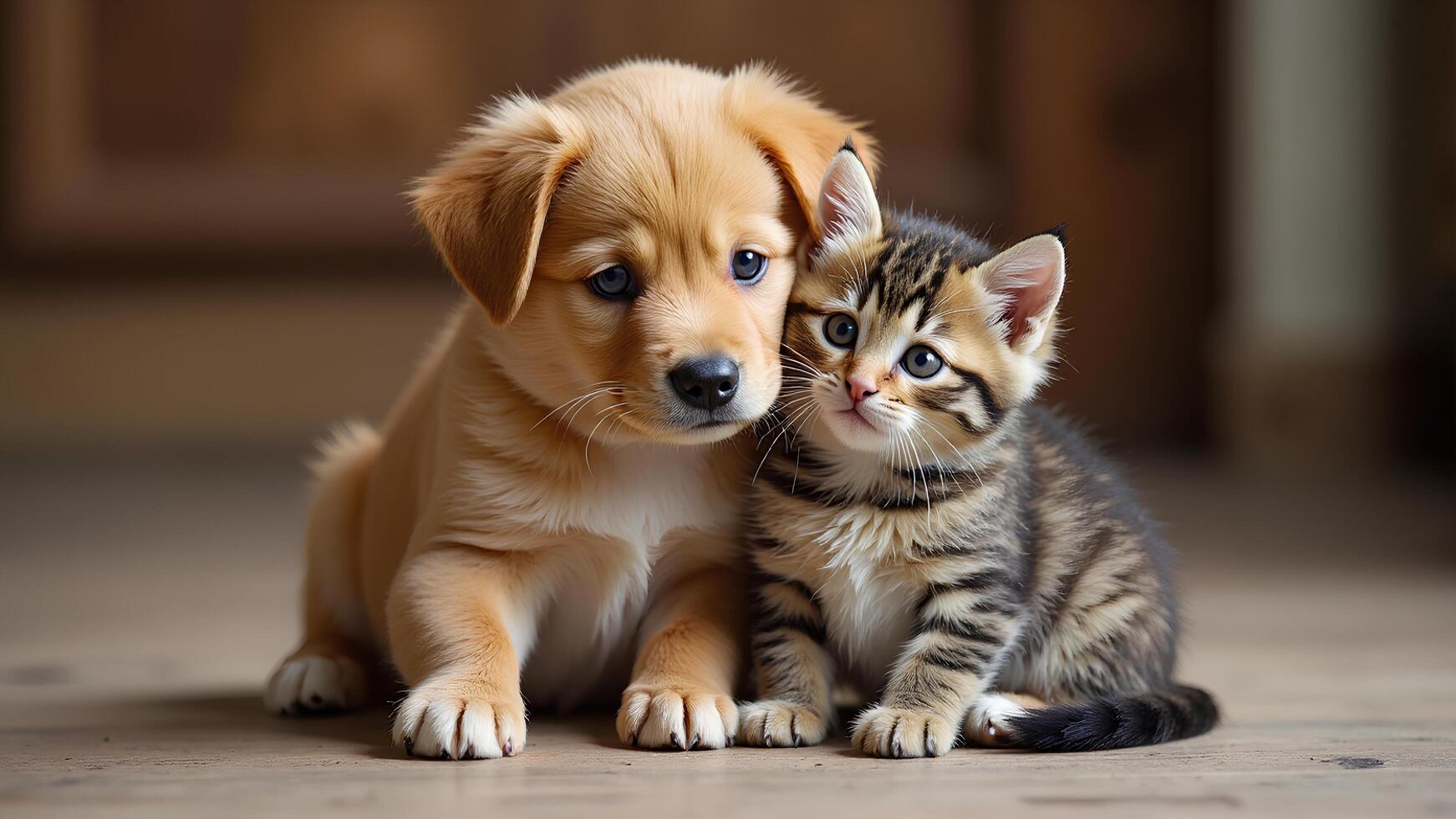 Adorable Puppy and Kitten Cuddling Together in a Cozy Setting photo