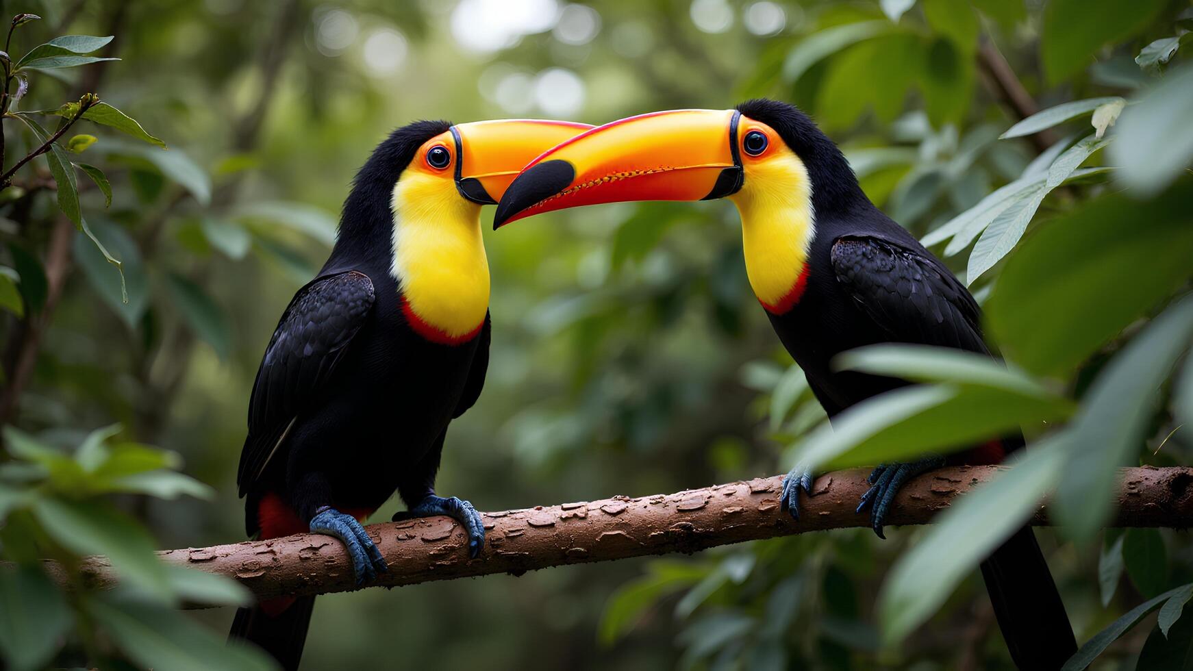 Colorful Toucans Displaying Affection on a Branch in Nature photo
