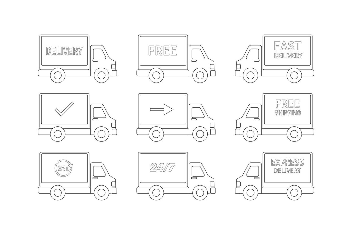 Editable Flat Style Logistics Icons, delivery truck flat icon set, parcel delivery truck icons, cargo delivery truck vector