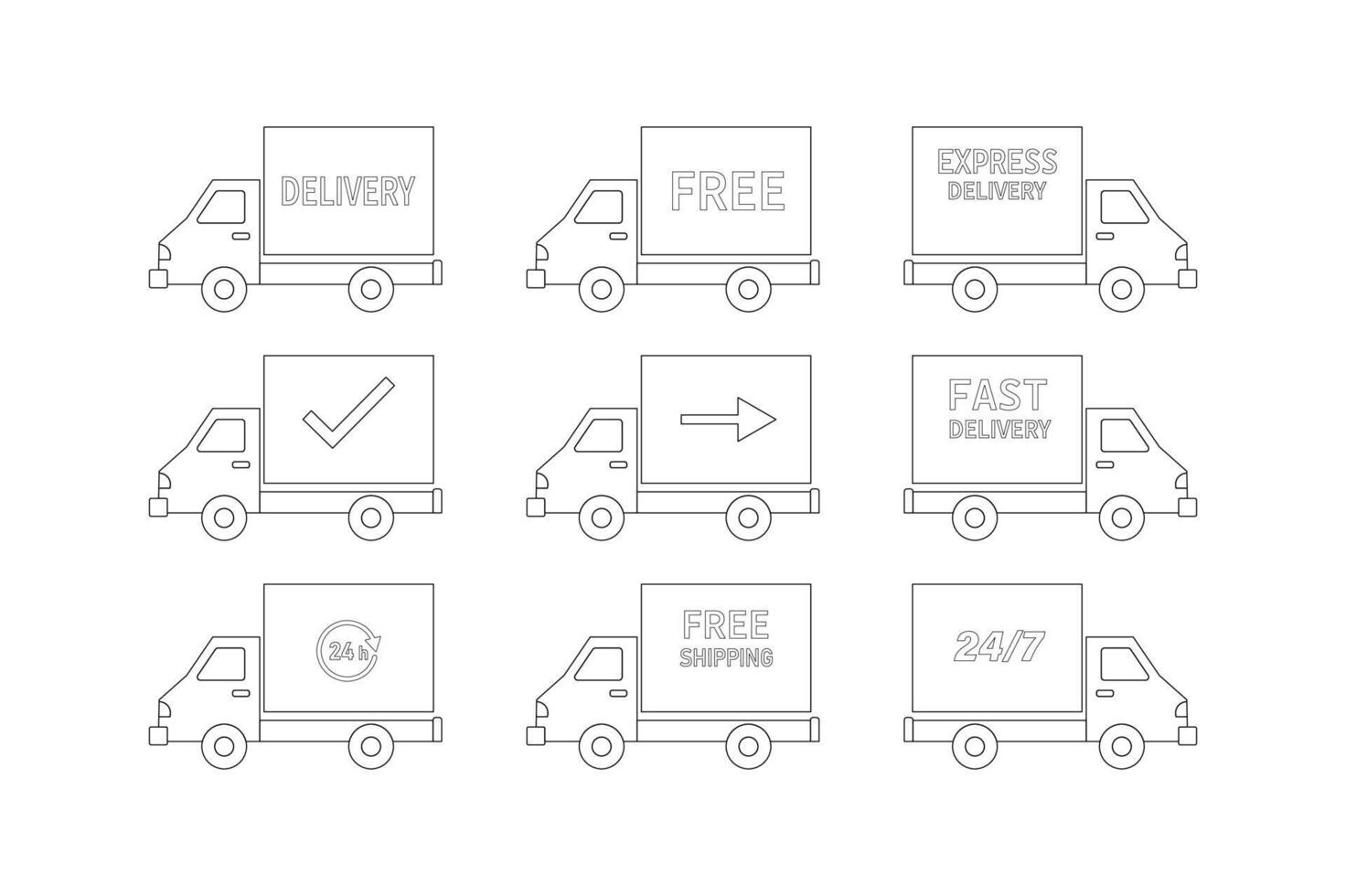 Editable Delivery Truck Icons for Apps, delivery truck flat icon set, parcel delivery truck icons, cargo delivery truck vector