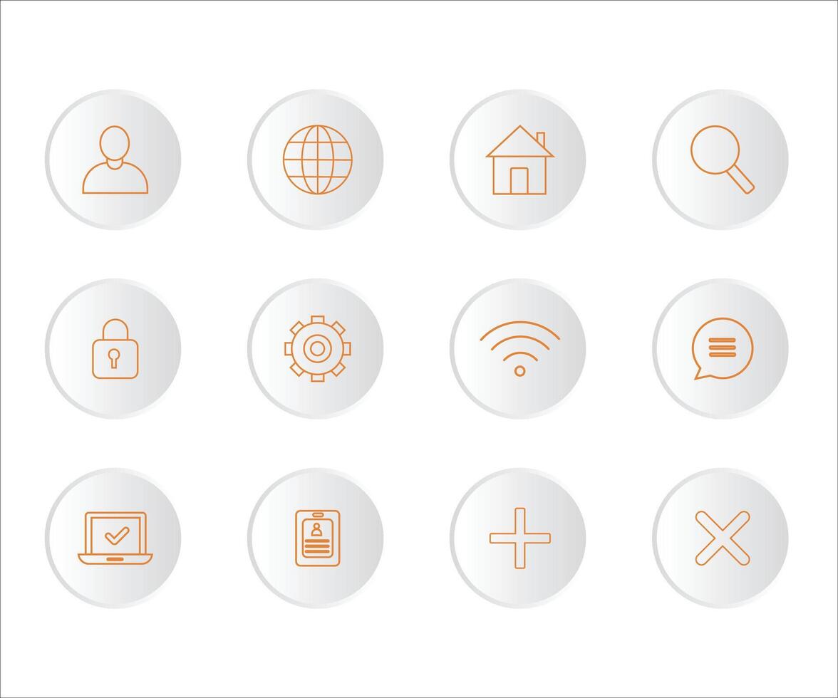 Set of line icons for user interface with person, globe, home, search, lock, settings, message, laptop, id, plus and cross symbols vector