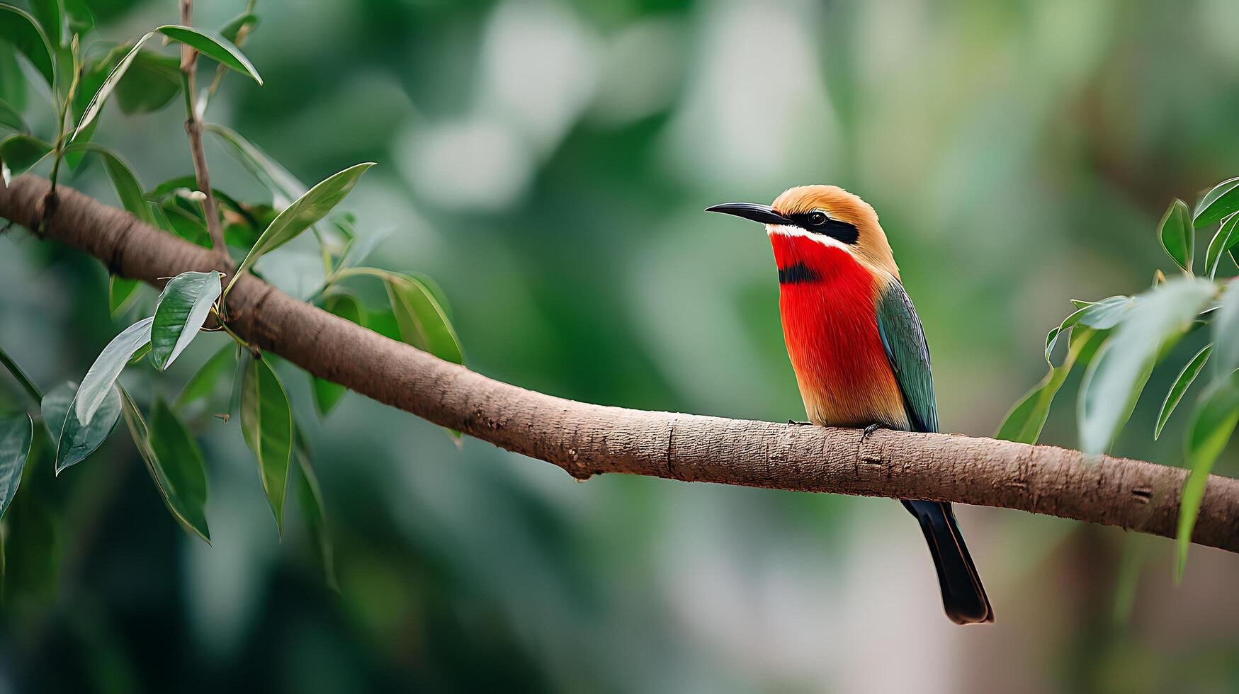 Colorful bird perched on a branch surrounded by lush green foliage in a vibrant natural habitat photo