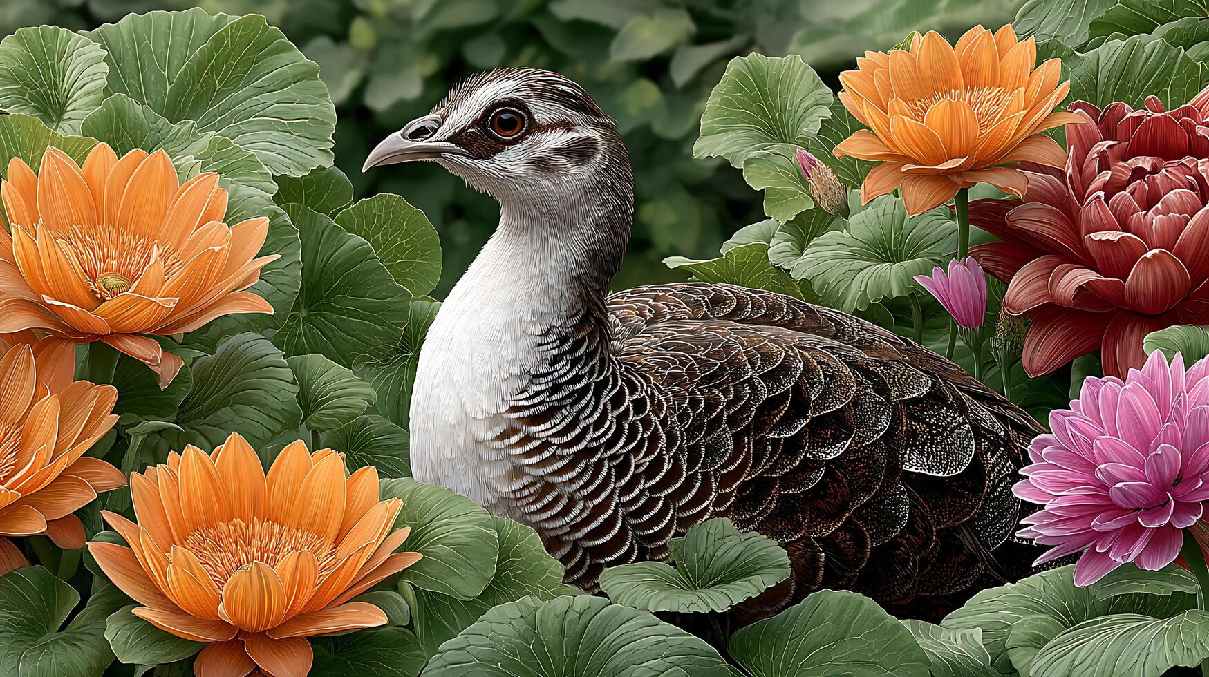 Beautiful Bird Surrounded by Colorful Lotus Flowers and Lush Green Leaves in Vibrant Natural Setting photo