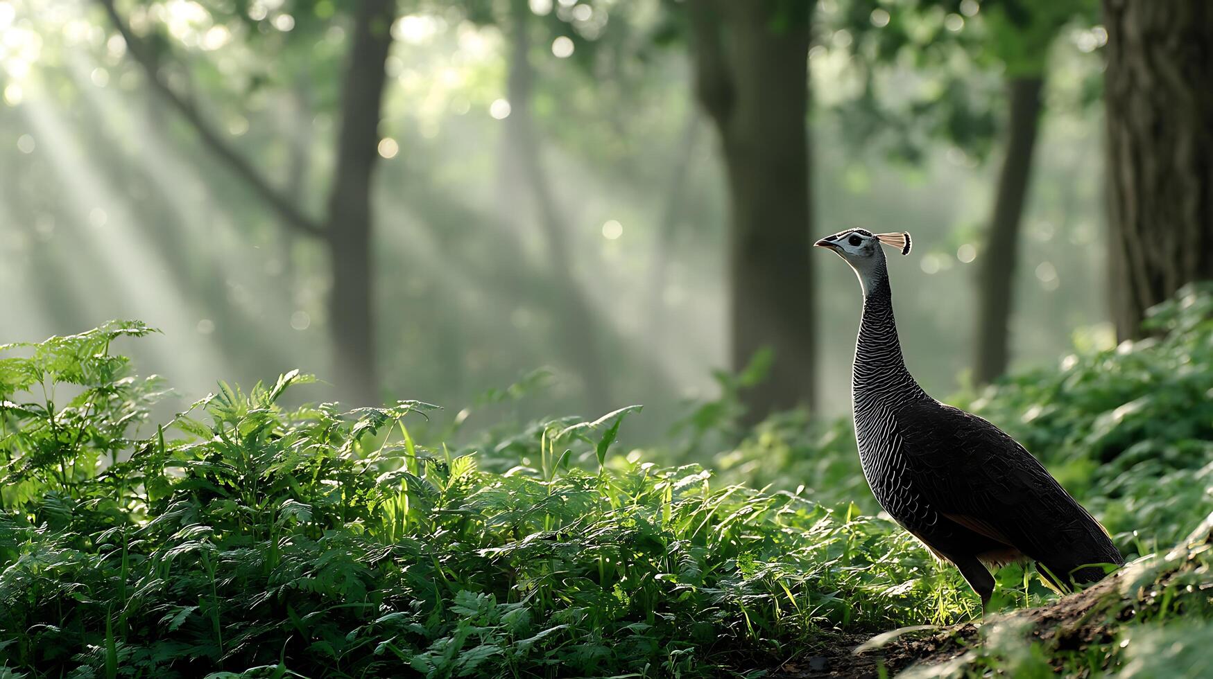 Graceful Bird Standing in Lush Green Forest with Soft Sunlight Beaming Through Trees and Foggy Atmosphere photo