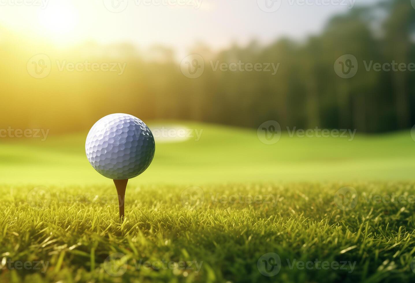 Golf ball on tee on a blurred golf course field background photo