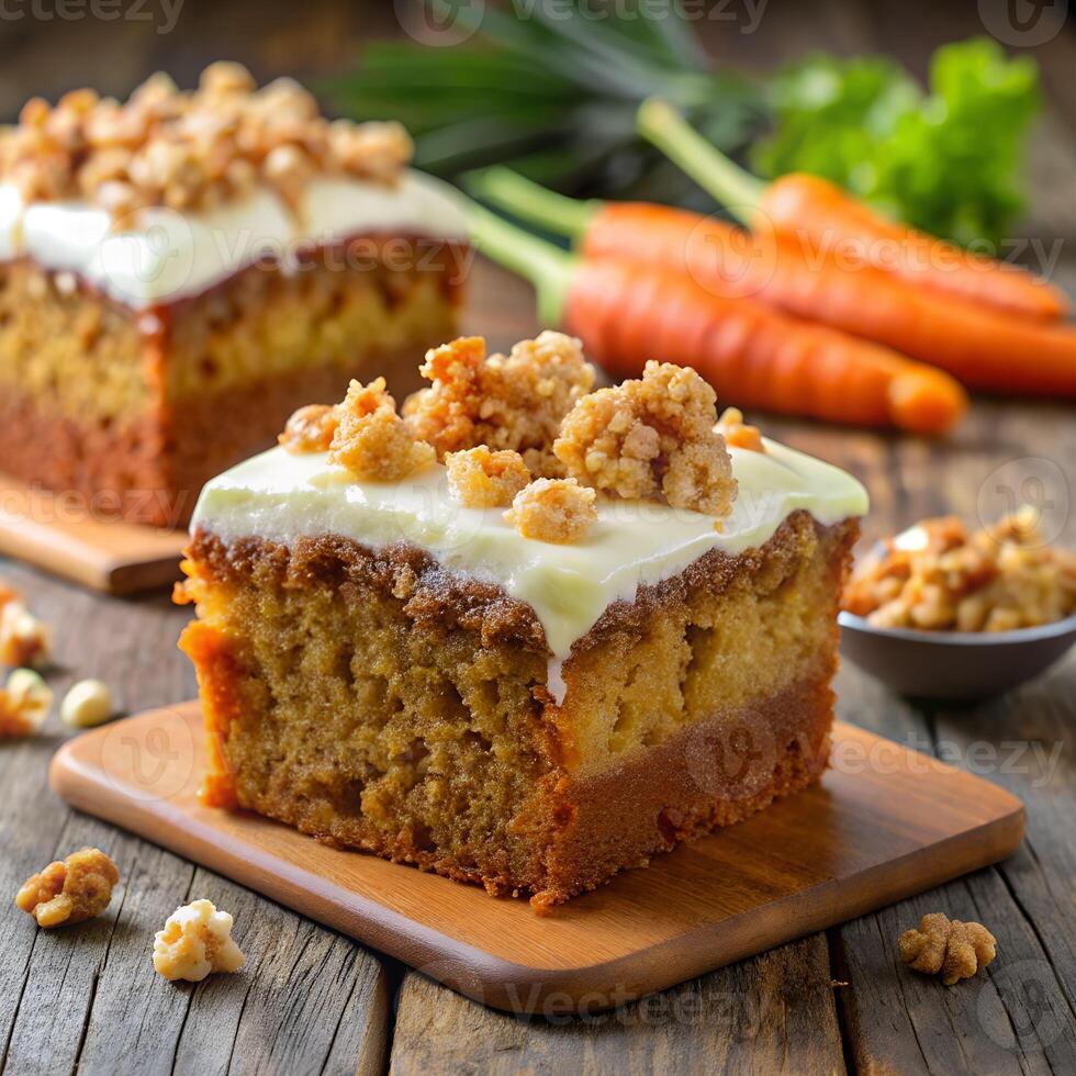 Carrot cake with walnut crumble topping photo