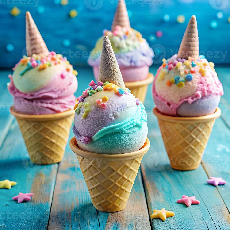 Ice cream cupcakes decorated with colorful frosting and sprinkles for a sweet celebration photo
