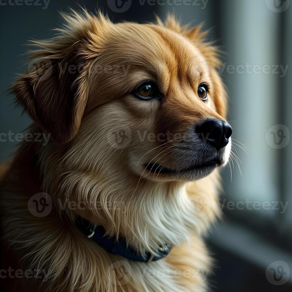 A golden retriever is looking out the window photo