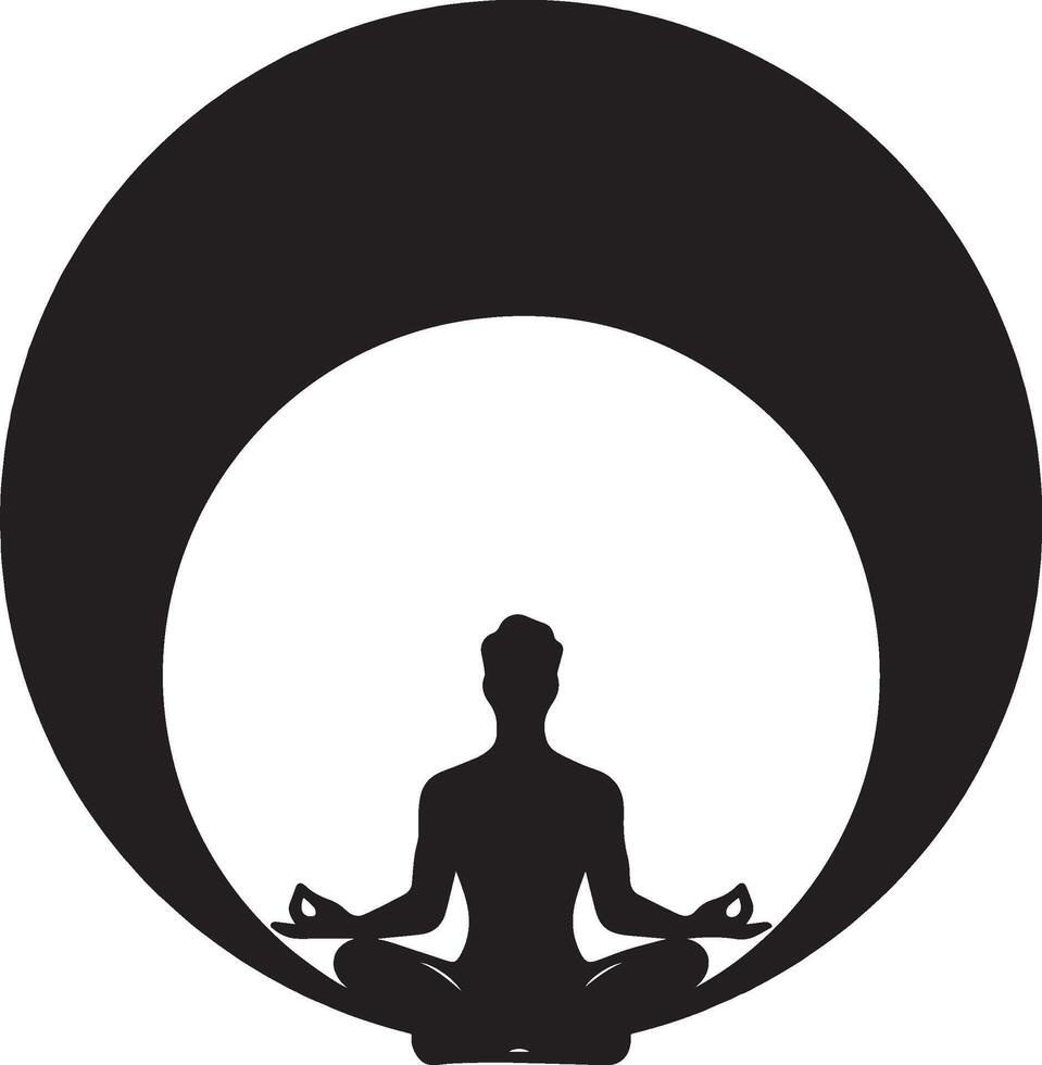 Silhouette of a man meditating in the lotus pose with a circular background. vector