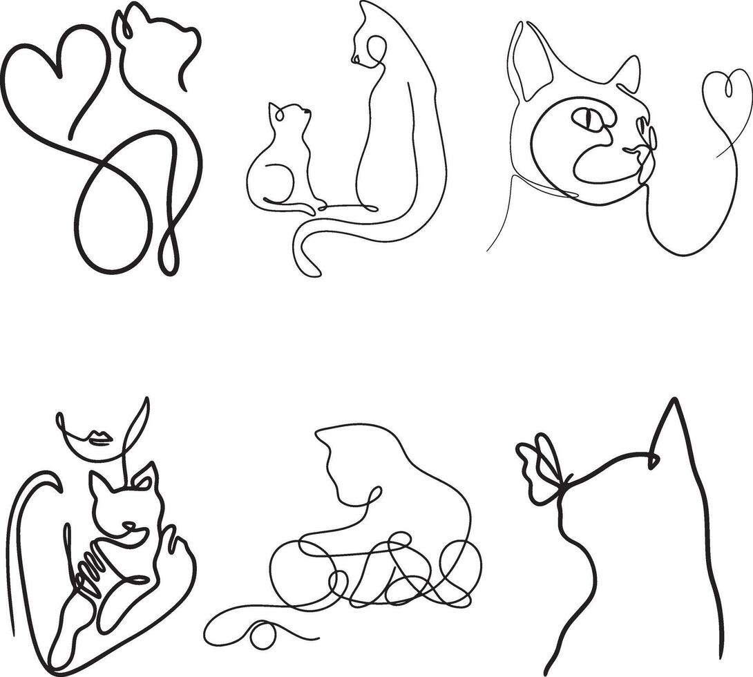 Continuous line art cats collection. vector