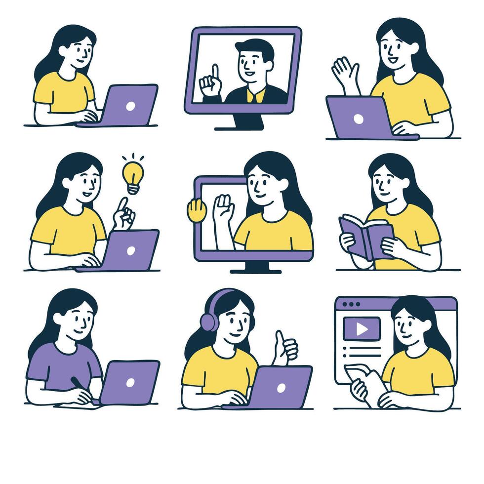 Online learning is depicted through various activities, showcasing woman engaging with technology, studying, and interacting virtual environment. illustrations convey sense of productivity vector