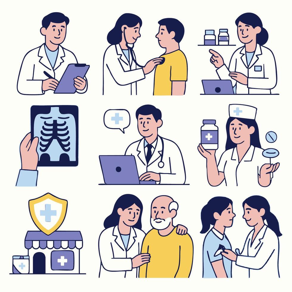 collection of medical professionals interacting with patients and technology vector