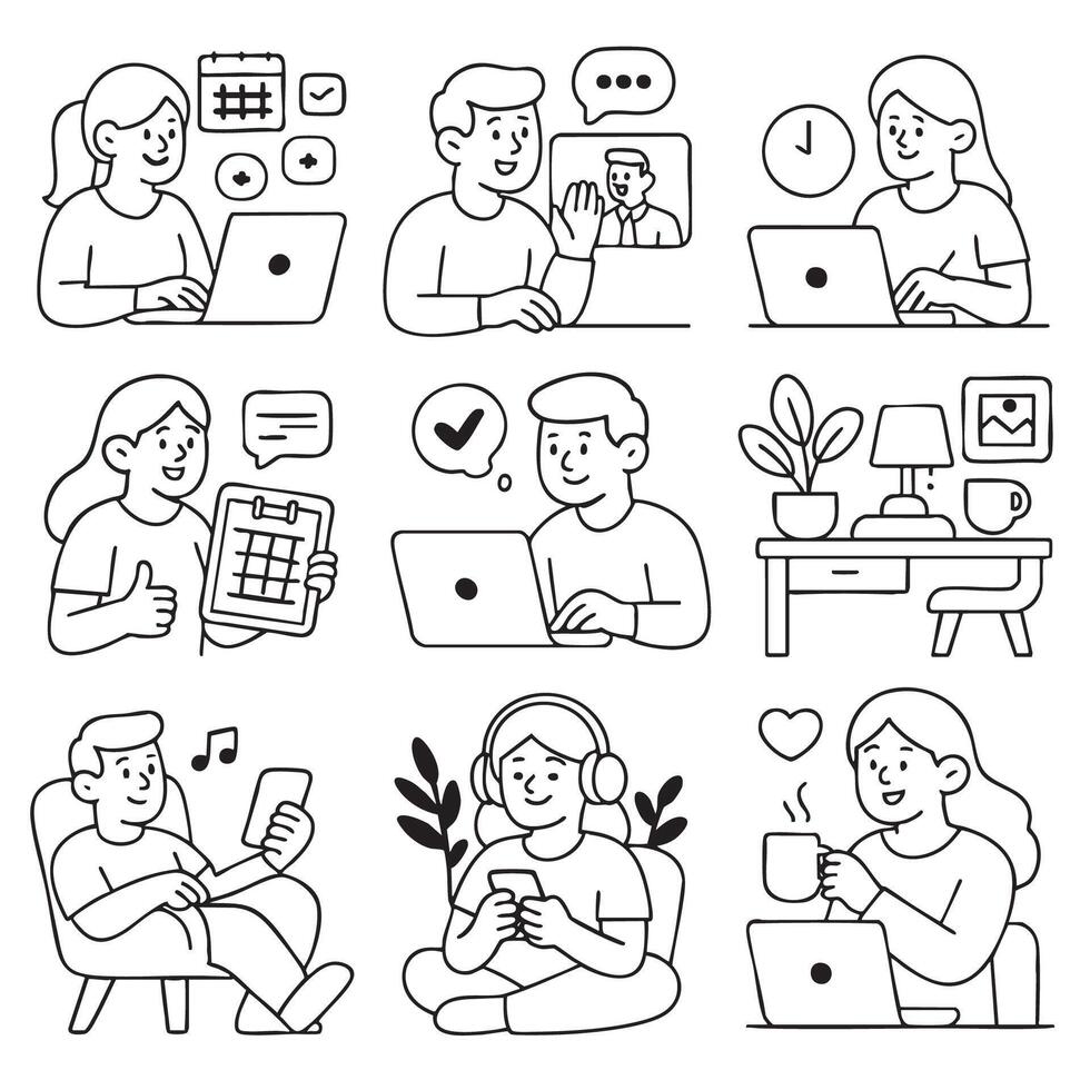 Engaging various activities, this illustration showcases individuals using technology, planning, and enjoying leisure time. scenes depict work, communication, and relaxation, highlighting modern vector