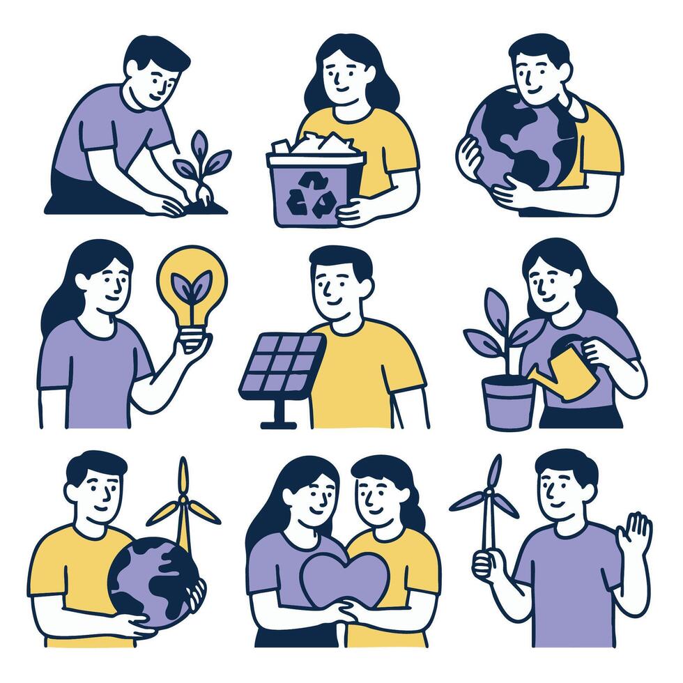 collection of eco friendly activities promoting sustainability and care for planet vector