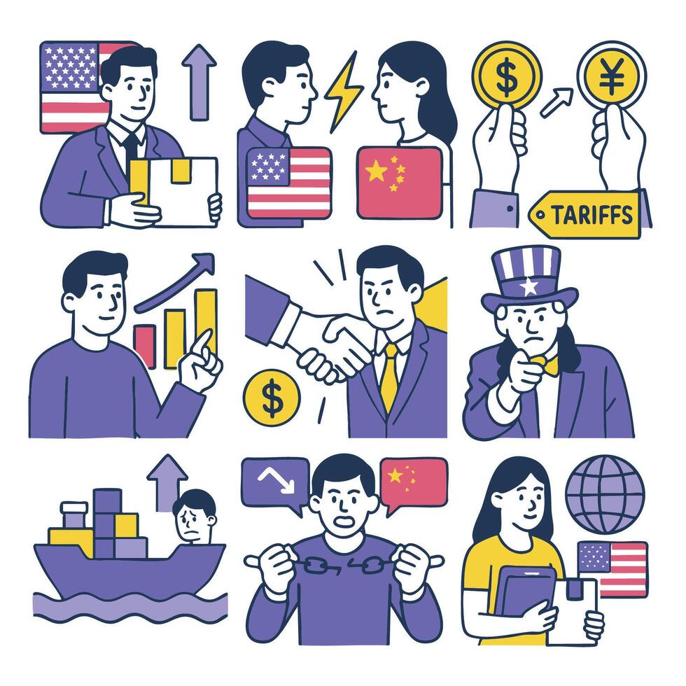 image illustrates various aspects of international trade featuring symbols like flags currency tariffs and graphs. It conveys complexities and dynamics of trade relationships particularly between vector