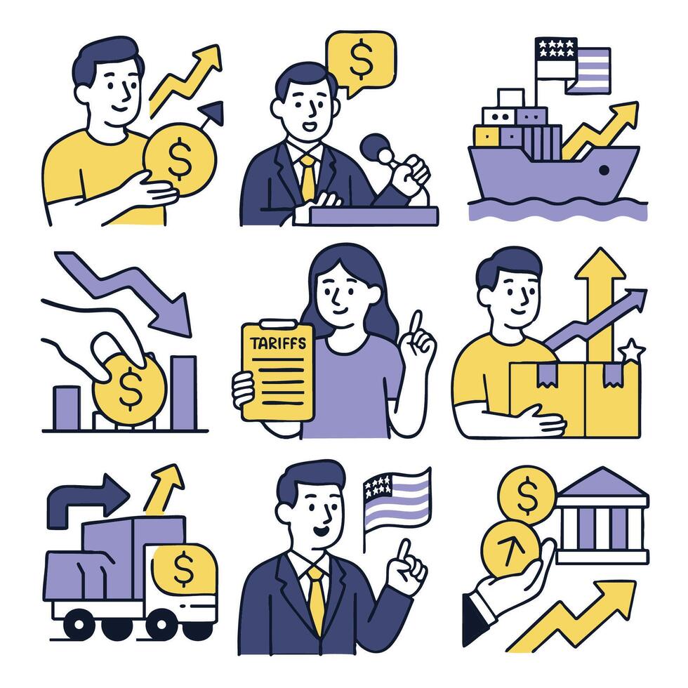 Economic growth and trade concepts are illustrated in this image, featuring symbols like money, tariffs, and shipping. visuals convey sense of financial progress and market dynamics vector