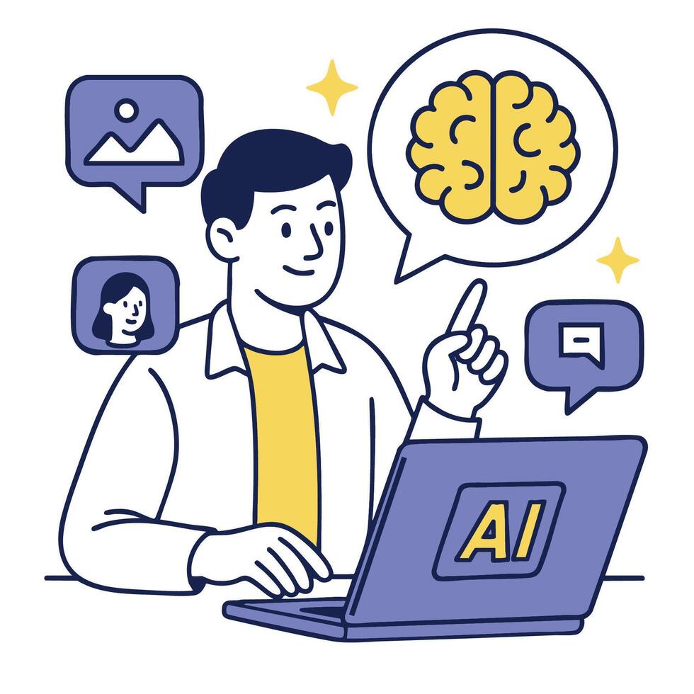 Illustration of person using laptop with AI technology, showcasing creativity and innovation. individual is engaged brainstorming ideas, surrounded by icons representing images and communication vector