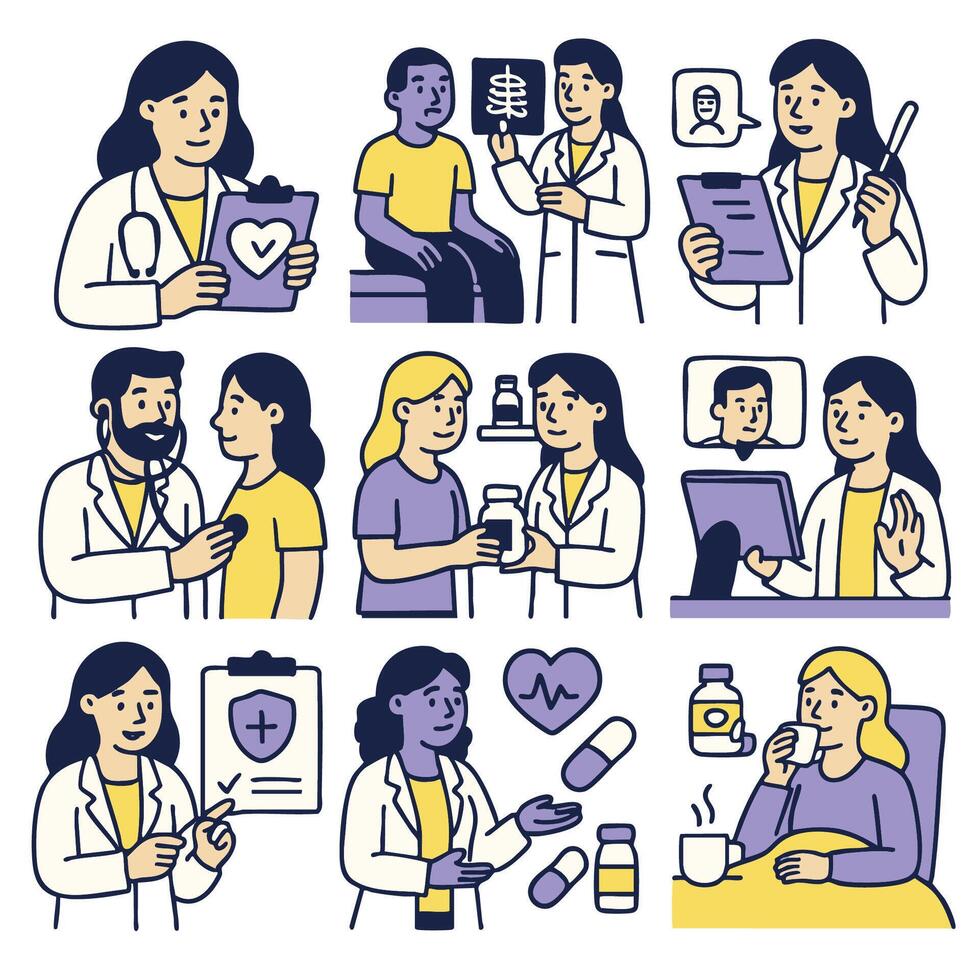 collection of medical professionals interacting with patients and documents, showcasing healthcare vector