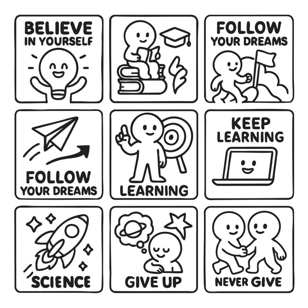 Believe yourself, follow your dreams, and keep learning. This motivational illustration features various icons representing education, ambition, and perseverance, inspiring positivity and growth vector