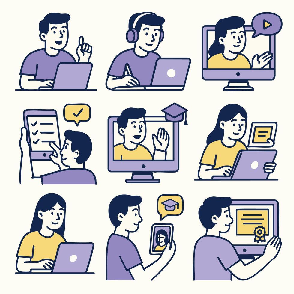 Online learning is depicted through various engaging activities, showcasing person using laptop, watching videos, taking notes, and celebrating achievements. illustrations convey sense vector