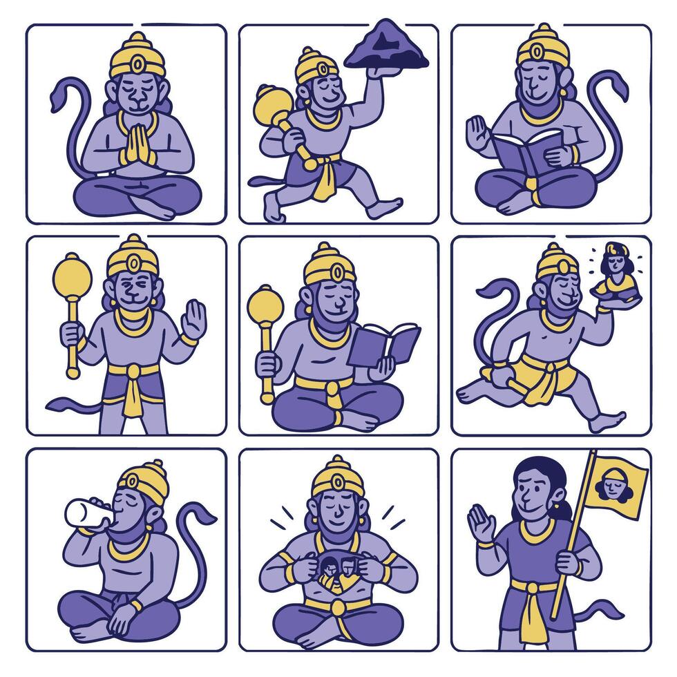 image features series of illustrations depicting character with monkey like appearance engaged various activities, showcasing range of emotions and actions. character is shown different poses vector