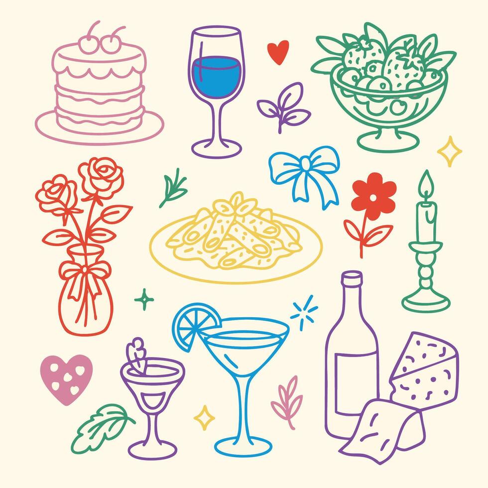 Delightful cake, wine glass, fruit bowl, pasta dish, flowers, candle, and festive elements create charming celebration atmosphere filled with joy and love vector