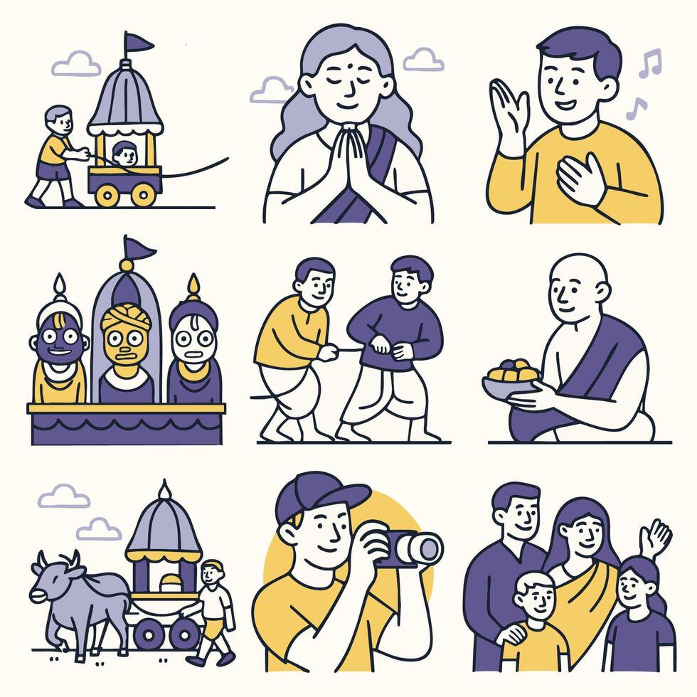 Celebrating cultural traditions, this illustration showcases various activities such as festive procession, traditional attire, and joyful gatherings. scenes depict community, devotion vector