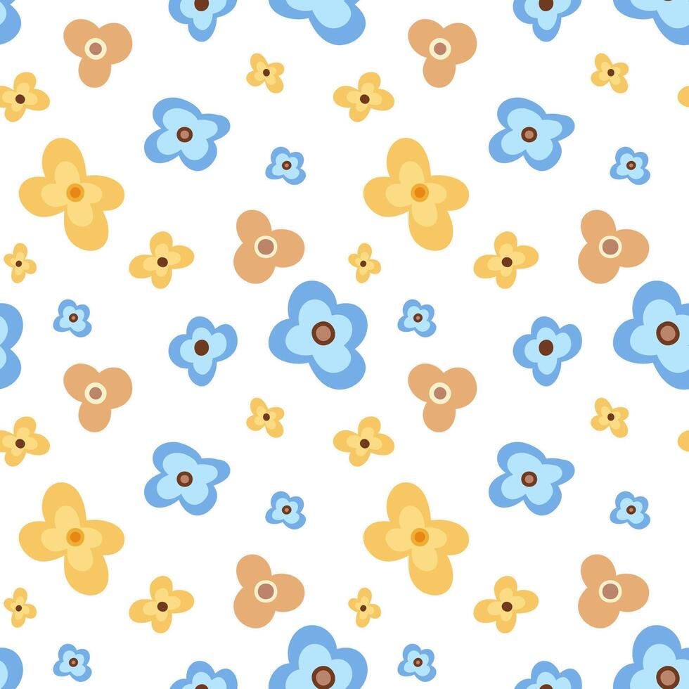Seamless floral pattern featuring blue, yellow, and brown flowers on a white background. illustration for textiles or wallpaper. Bright and cheerful design. vector