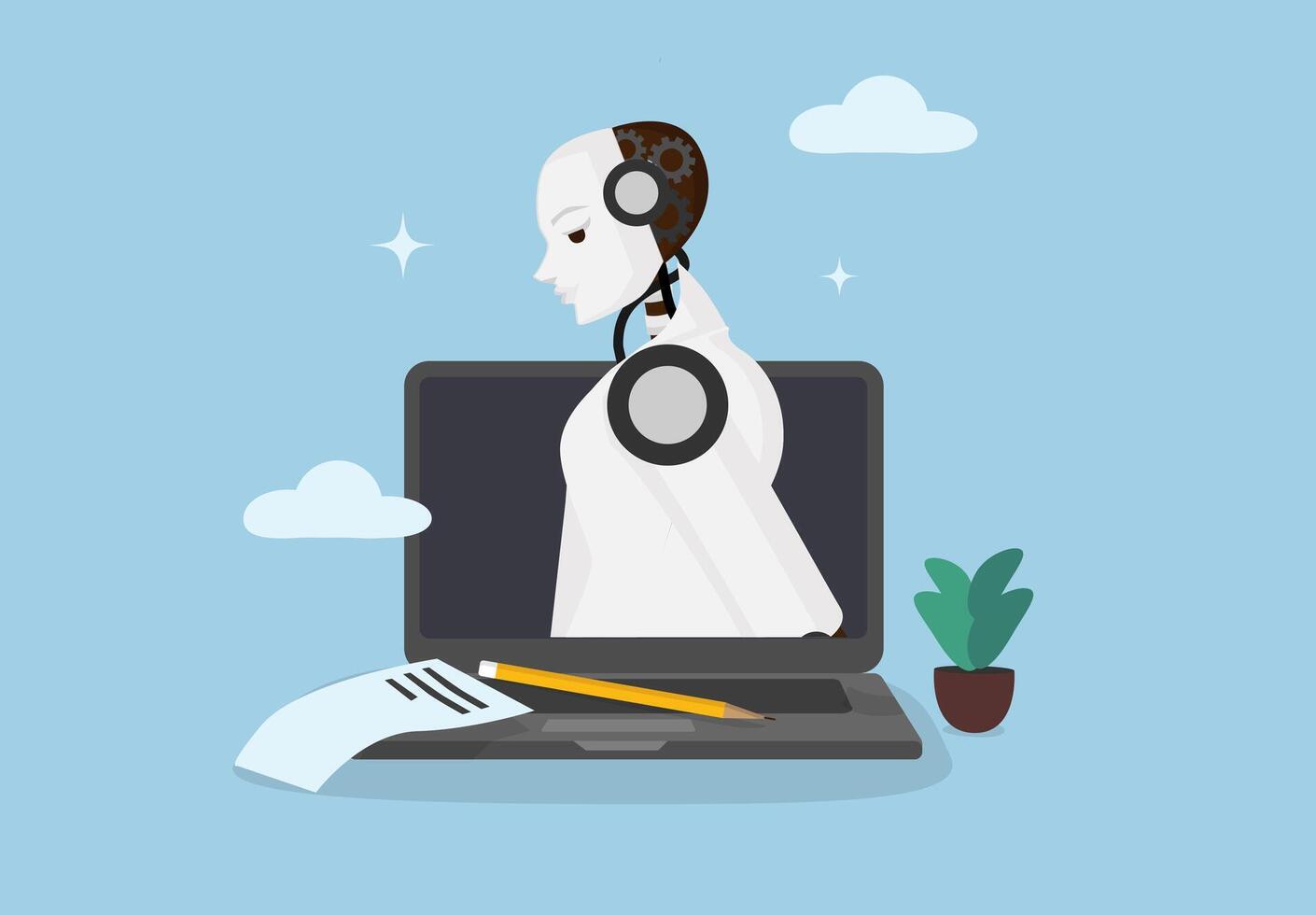 a robot is sitting on a laptop with headphones vector