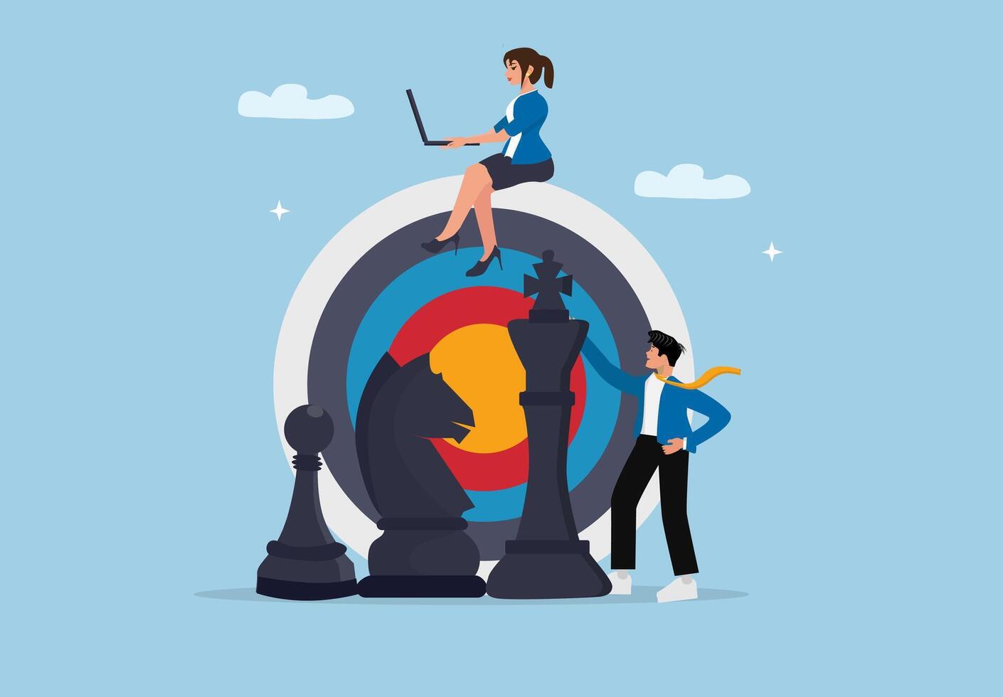 business people are sitting on a chess board and holding a laptop vector