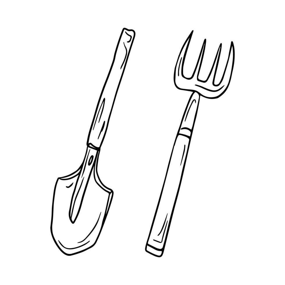 Illustration of garden tools - shovels and pitchforks. Monochrome hand-drawn drawing of working equipment. Design books for farmers, fair booklets, and literature for preschools. vector