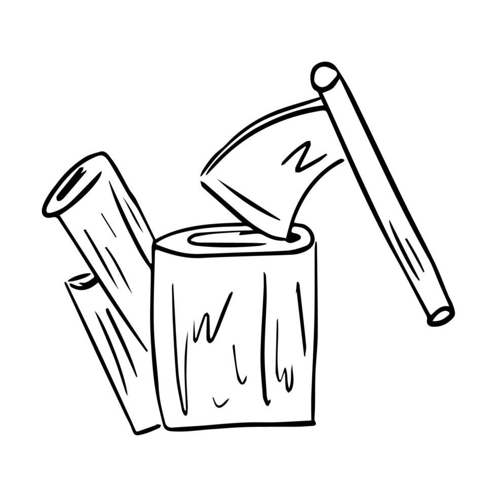 Chopping firewood, wood with an axe. An axe splits a tree trunk, an emblem for camping, a working tool. Collecting firewood for a campfire, the concept of protecting forests from logging vector