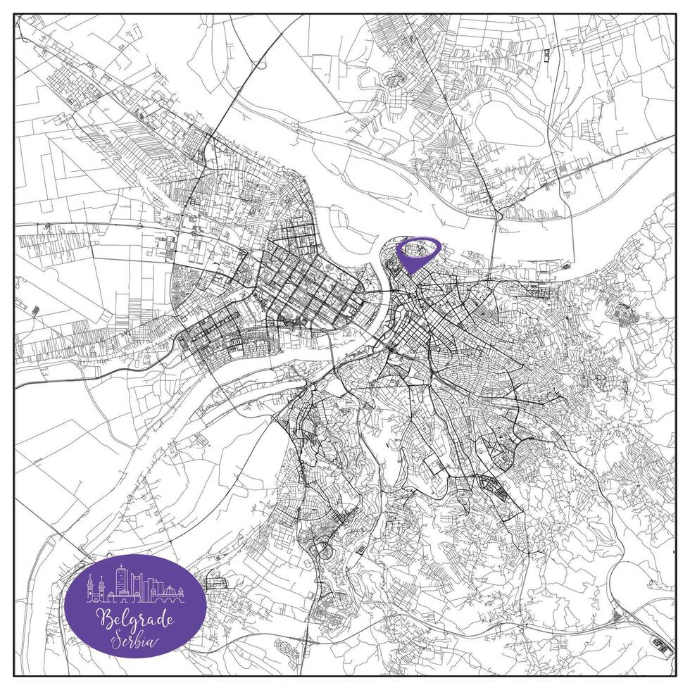 Serbia capital city of Belgrade Urban Streets Roads Map with city center location pin,illustration element image vector