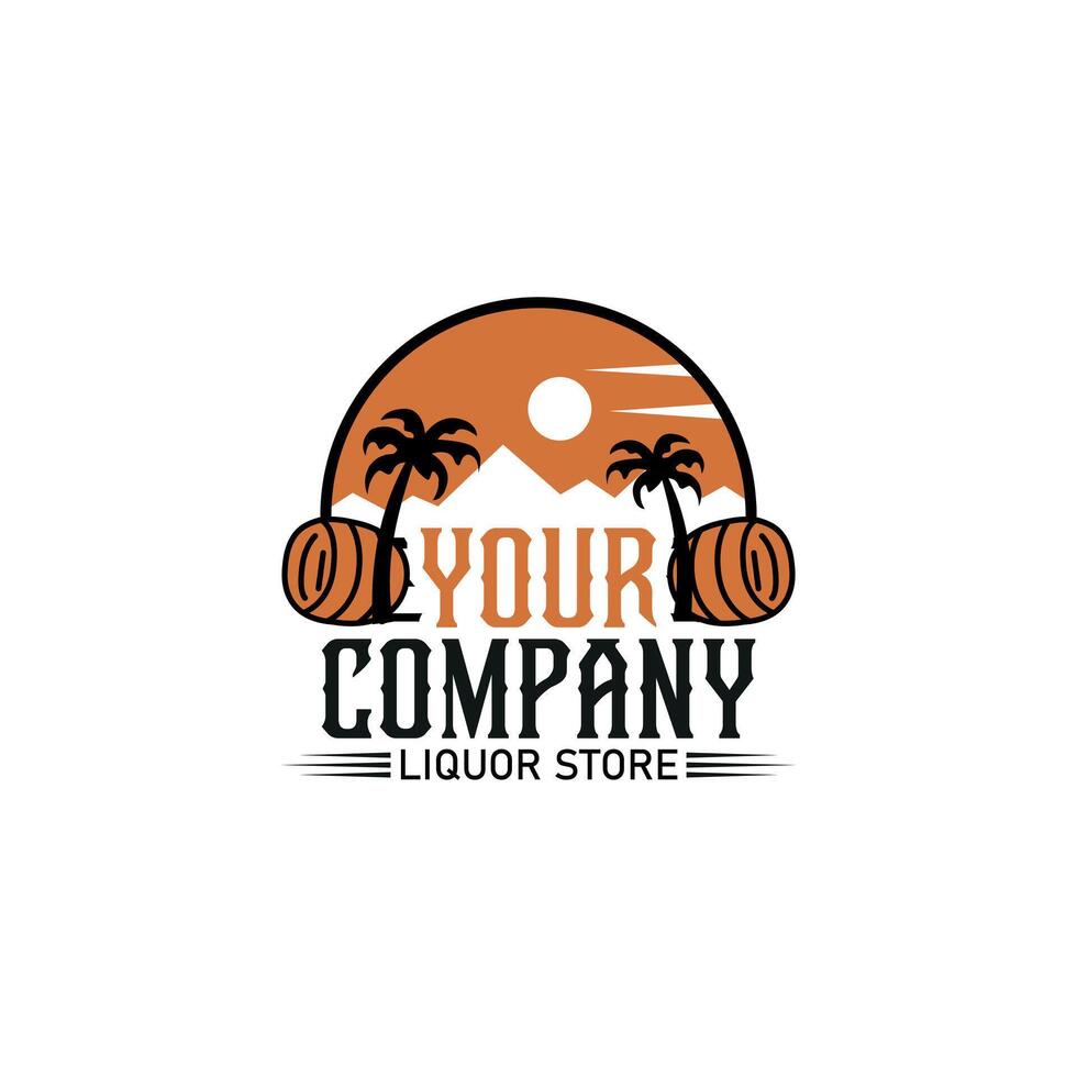 A circle with a palm tree and a mountain in the background with a barrel is in the foreground logo design illustration vector
