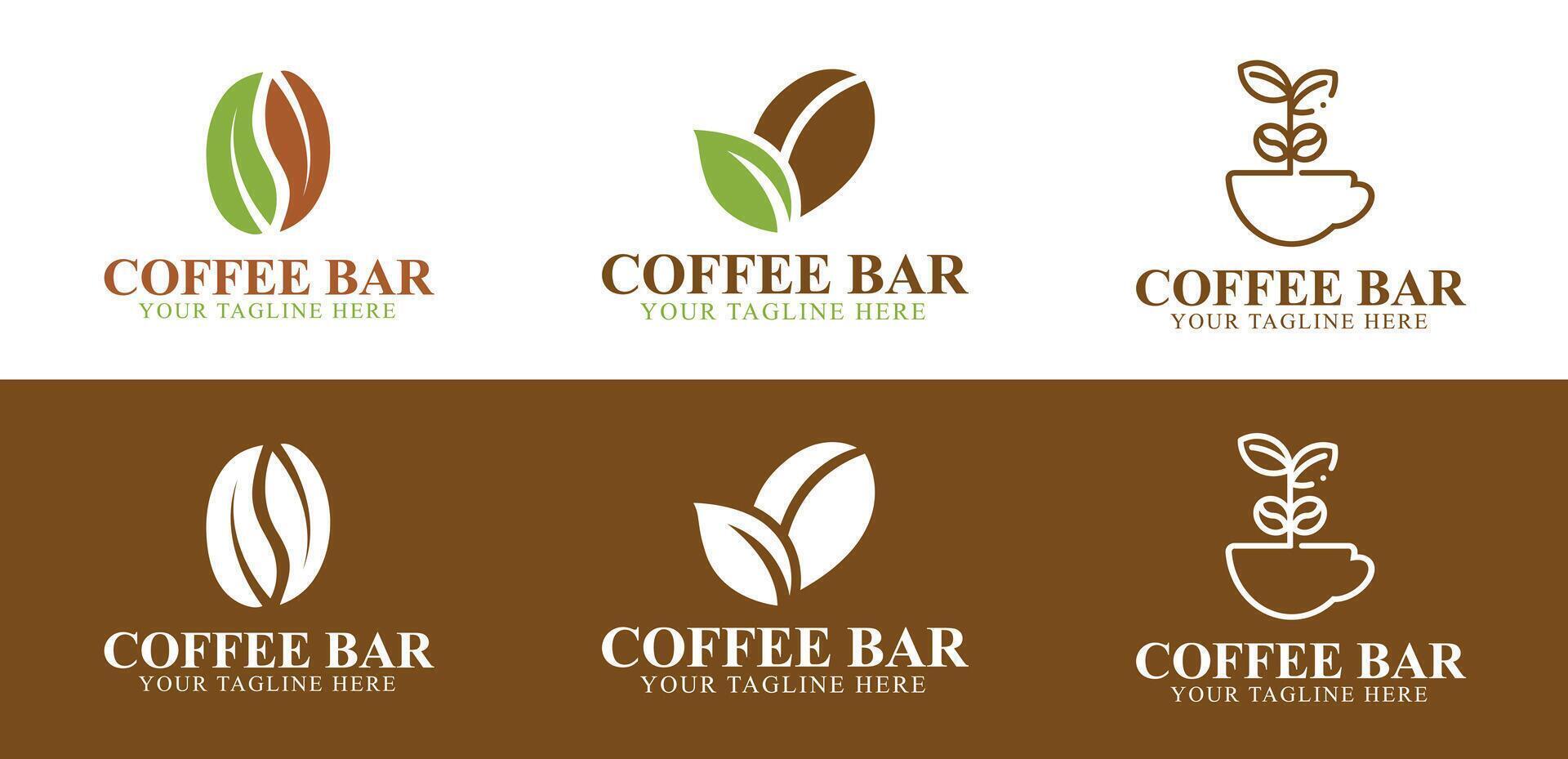 Set of coffee logos with coffee beans, leaves, and cup illustrations on a white background vector