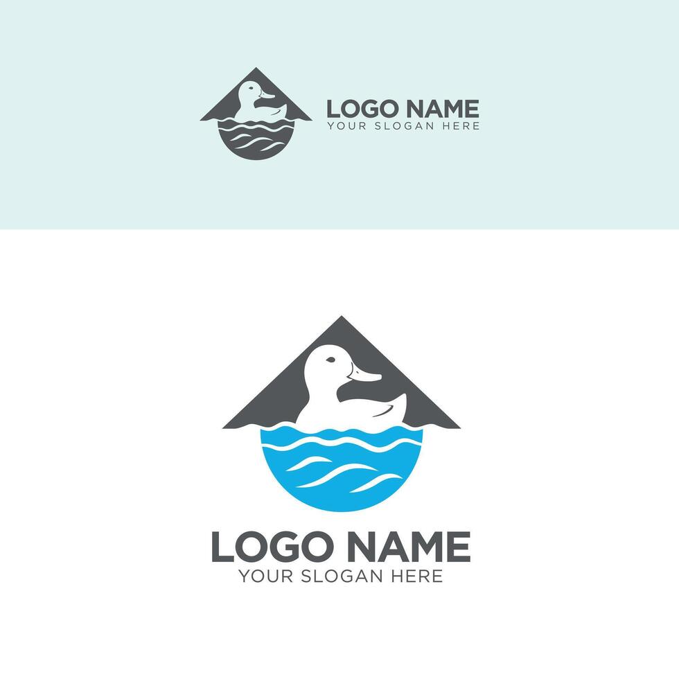Logo design with duck, water, and roof concepts for your rental houses, buildings, real estate business, and duck firming. vector