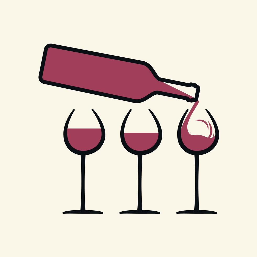 Wine bottle with wine and three wine glasses vector