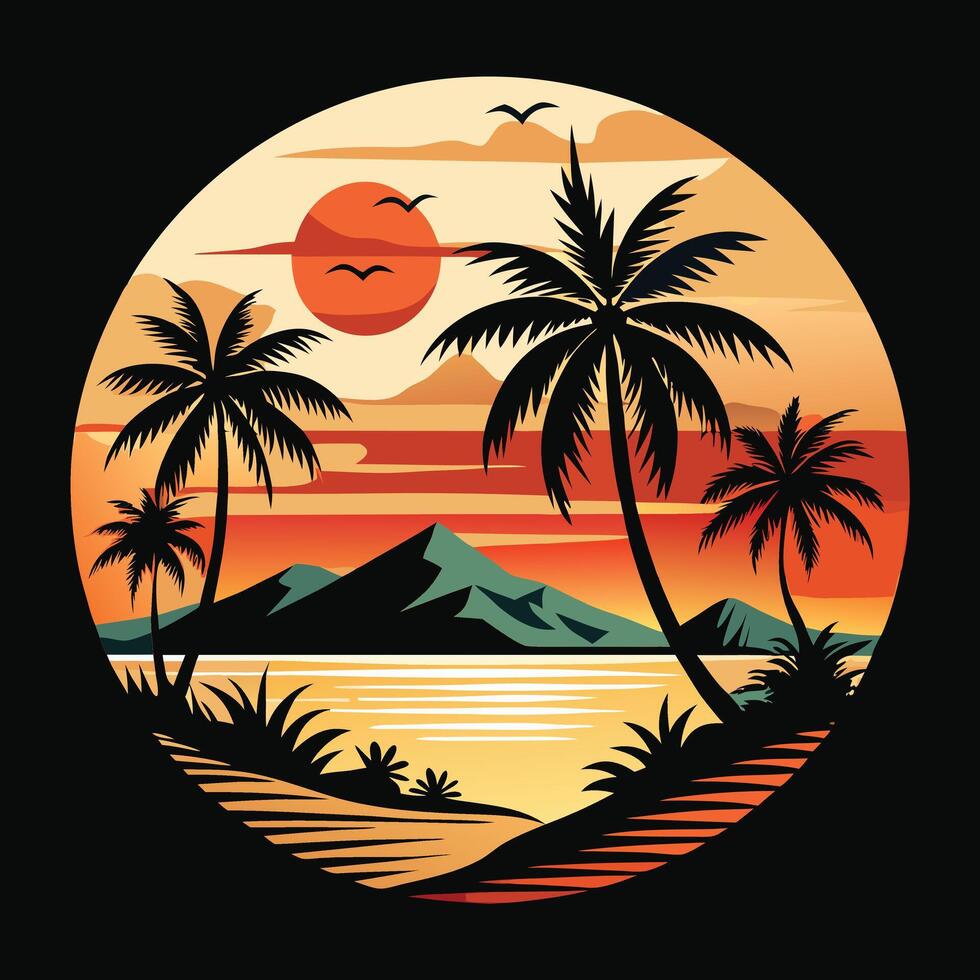 Black and White Tropical Beach Illustration in a Circular Frame with Palm Trees and Waves vector