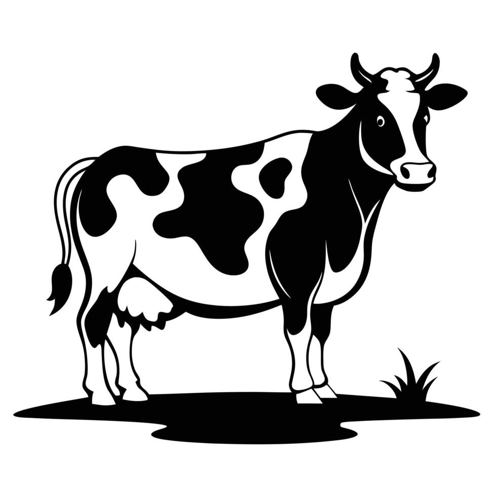 Clean Black and White Silhouette of a Standing Cow in Rural Setting vector
