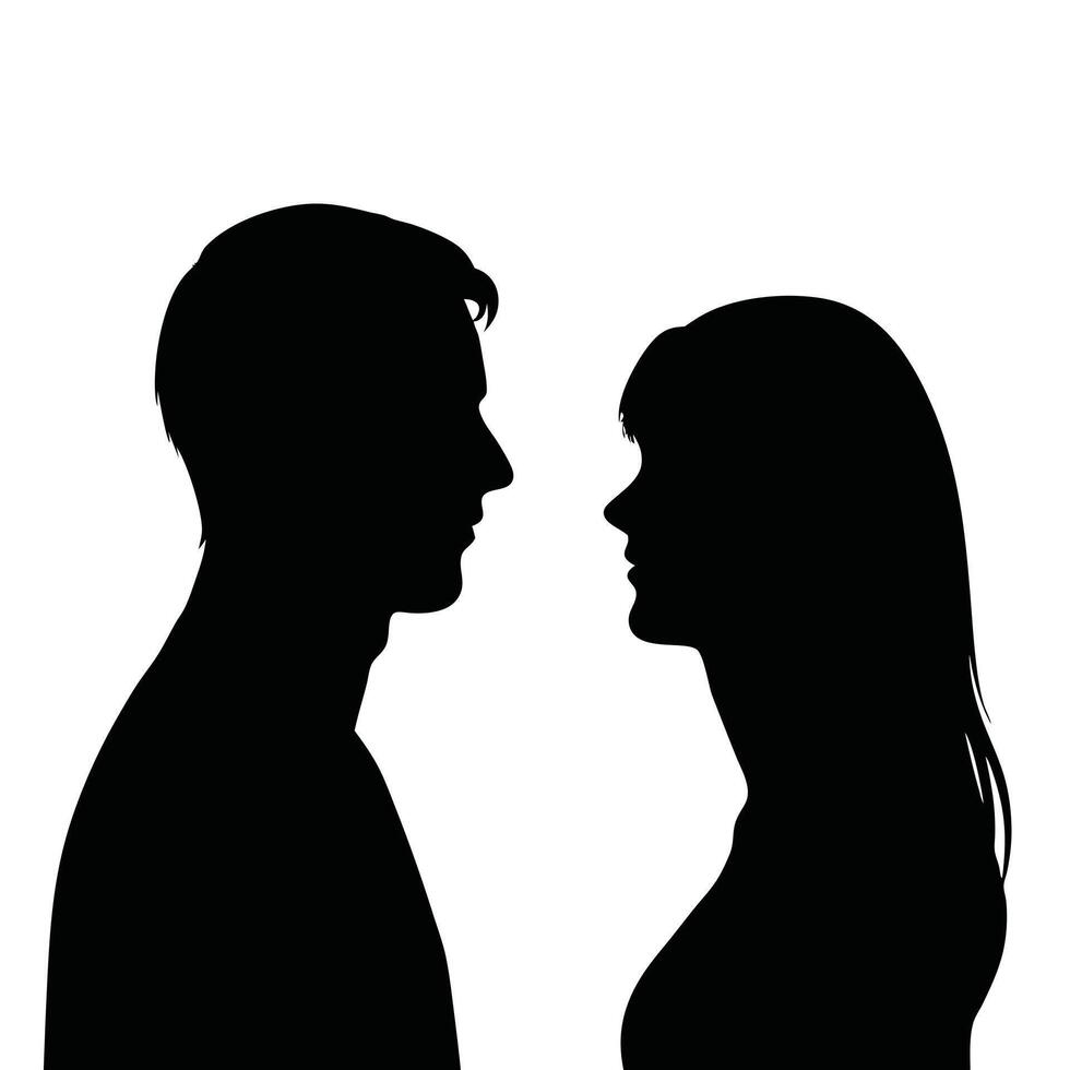Black Silhouette of a Man and Woman Standing Face to Face in Romantic Pose vector