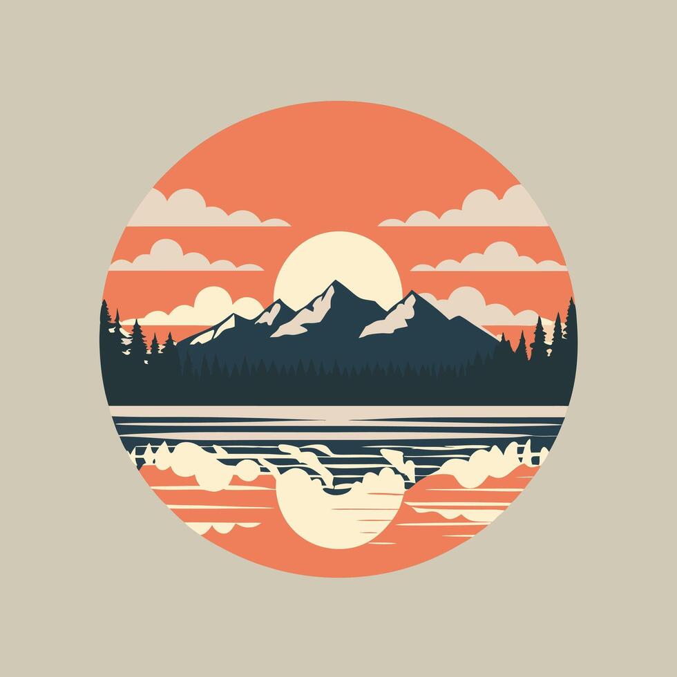 Minimalist Landscape in Circular Composition Featuring Mountains and Natural Elements vector