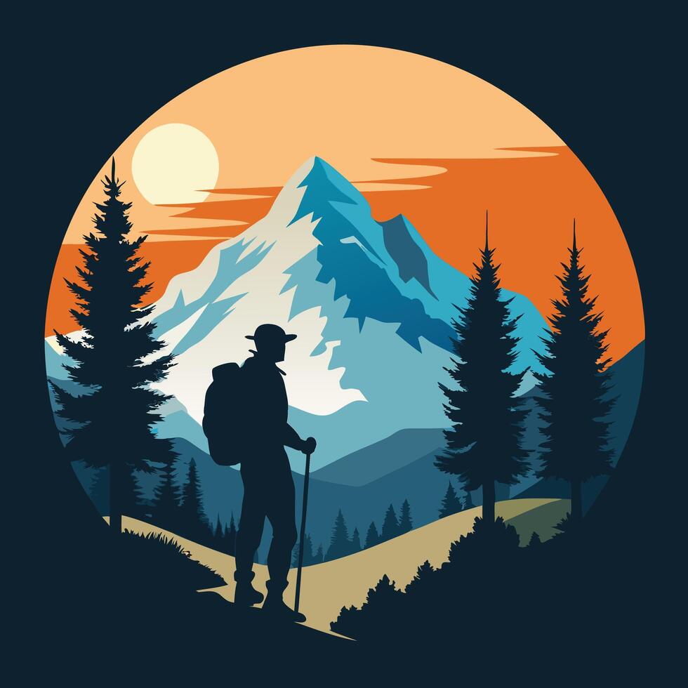 Black and White Silhouette Illustration of a Lone Hiker on a Mountain Trail vector