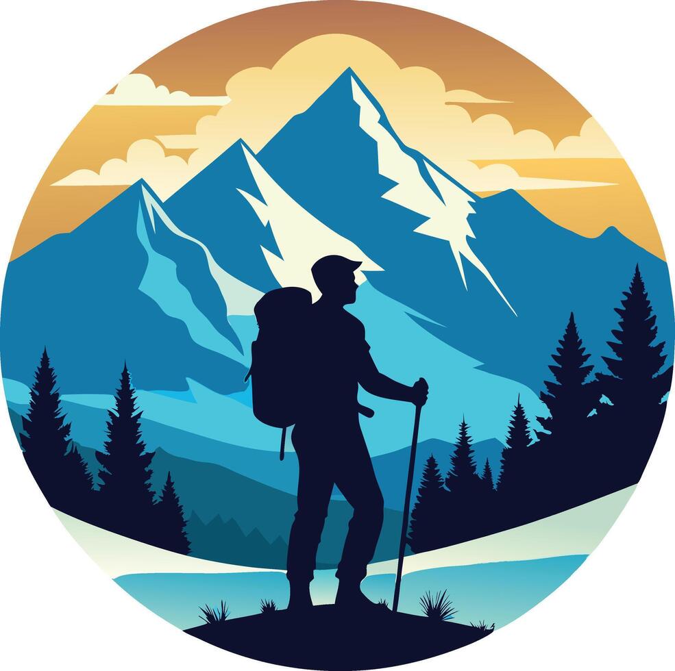 Silhouette Logo of a Hiker with Backpack Walking on a Trail for Outdoor Branding vector