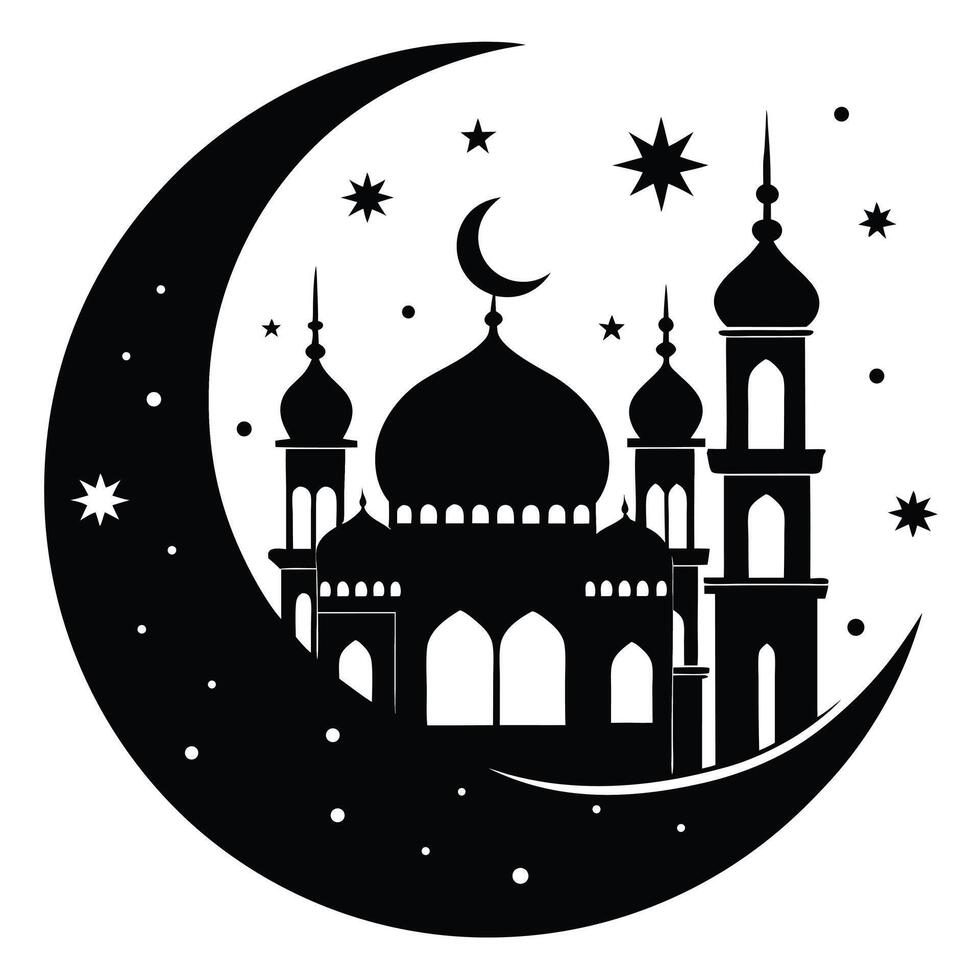 Black Silhouette of a Mosque with Elegant Domes and Majestic Minarets vector
