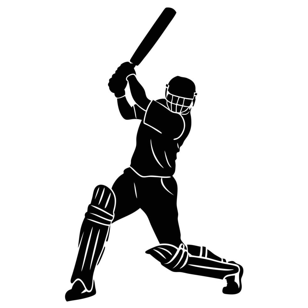 Cricket Player Silhouette Dynamic Action Shot Black and White Art vector