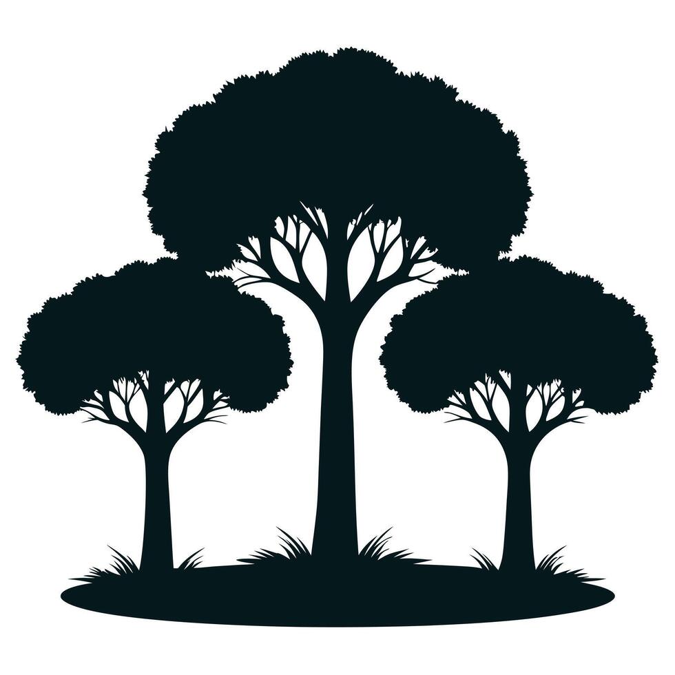 Highly Detailed Black Silhouette of Three Elegant Trees with Curved Branches and Natural Grace vector