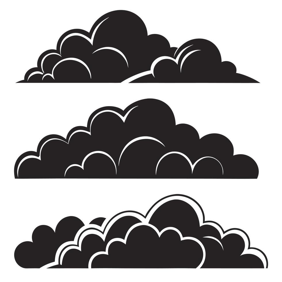 Black Cloud Silhouettes Arranged in Three Rows of Unique Shapes on a Clean White Background vector