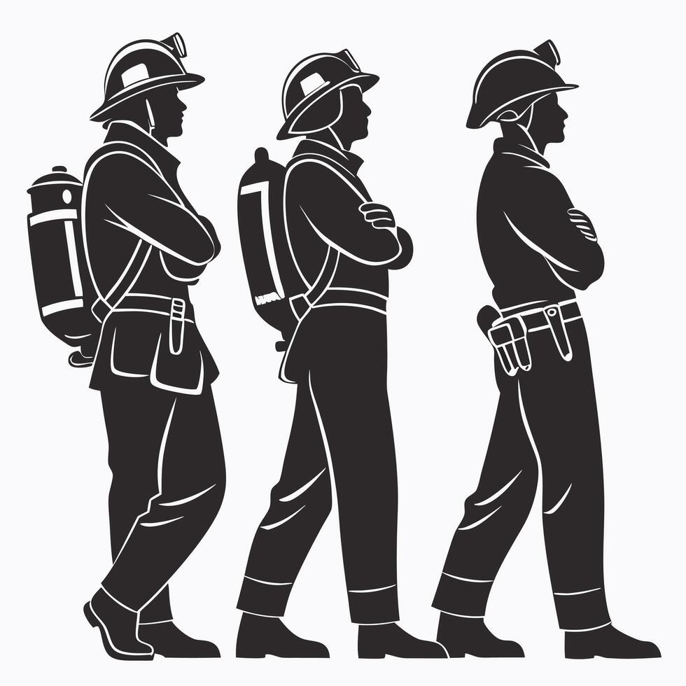 Powerful Two-Color Silhouette of Three Firefighters in Action with Bold Contrast and Heroic Poses vector