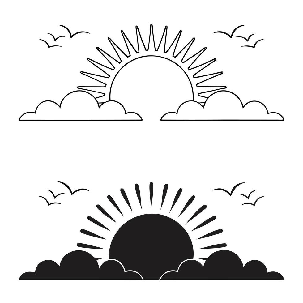 Elegant Sunrise Silhouette in Two Colors with Trees, Birds, and a Calm Landscape vector