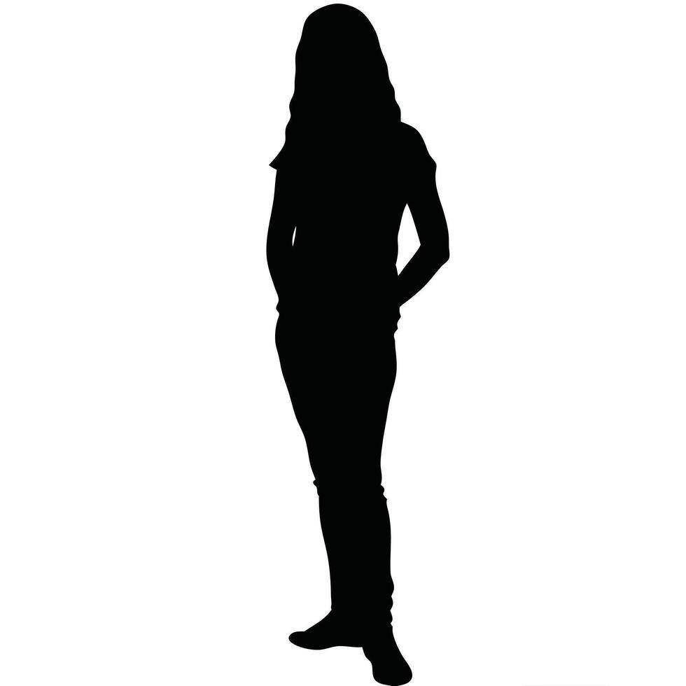Solid Black Silhouette of a Standing Woman with Elegant Posture and Graceful Stance vector